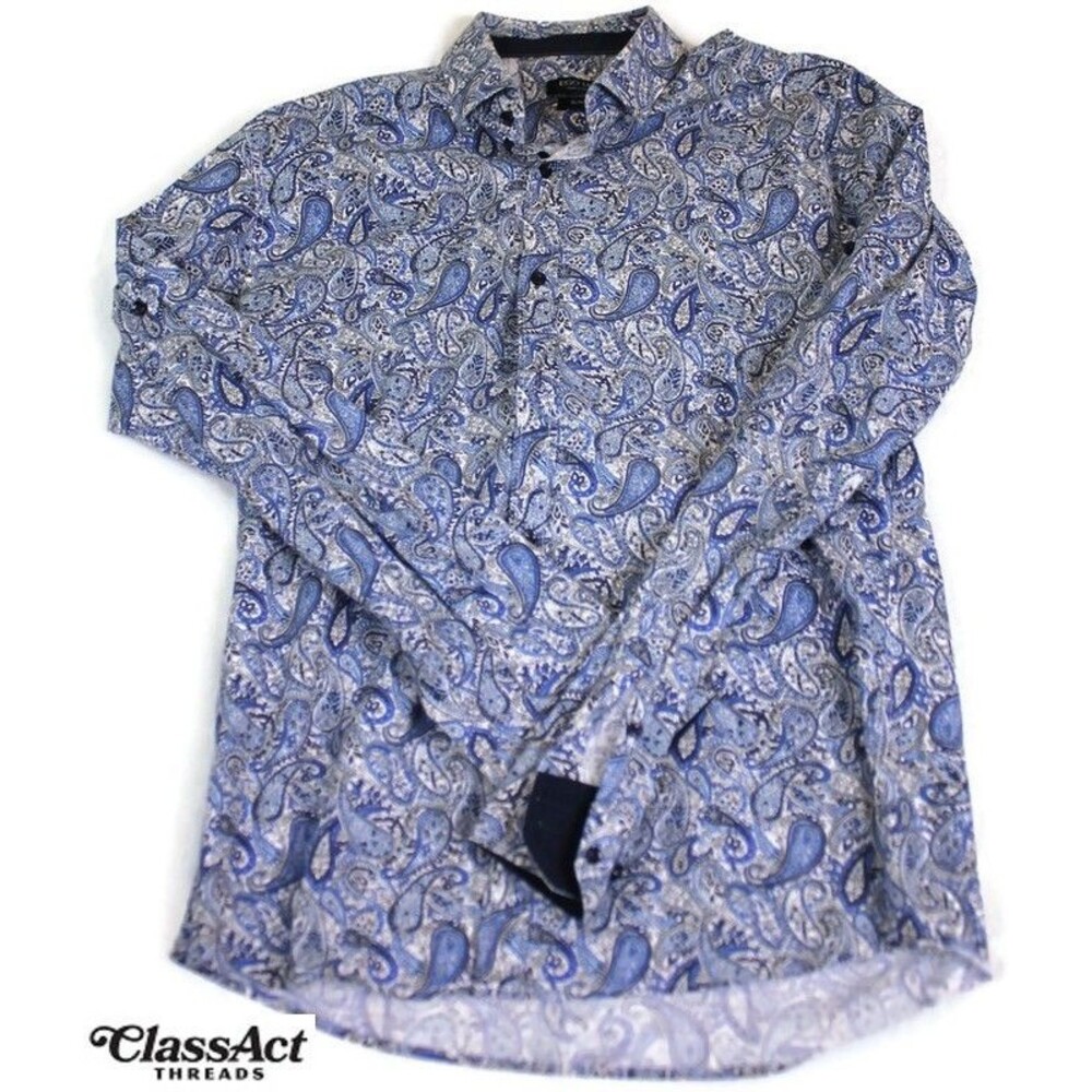 Ego Man Shirt Men's Blue Paisley  Slim Fit Button Up Long Sleeve Sz L